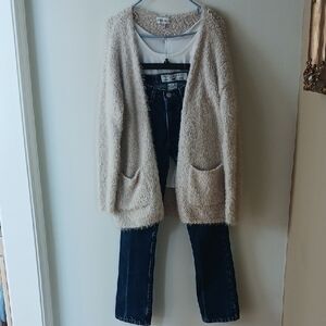 Stylish Beige Cardigan with Blue Boot Cut Jeans